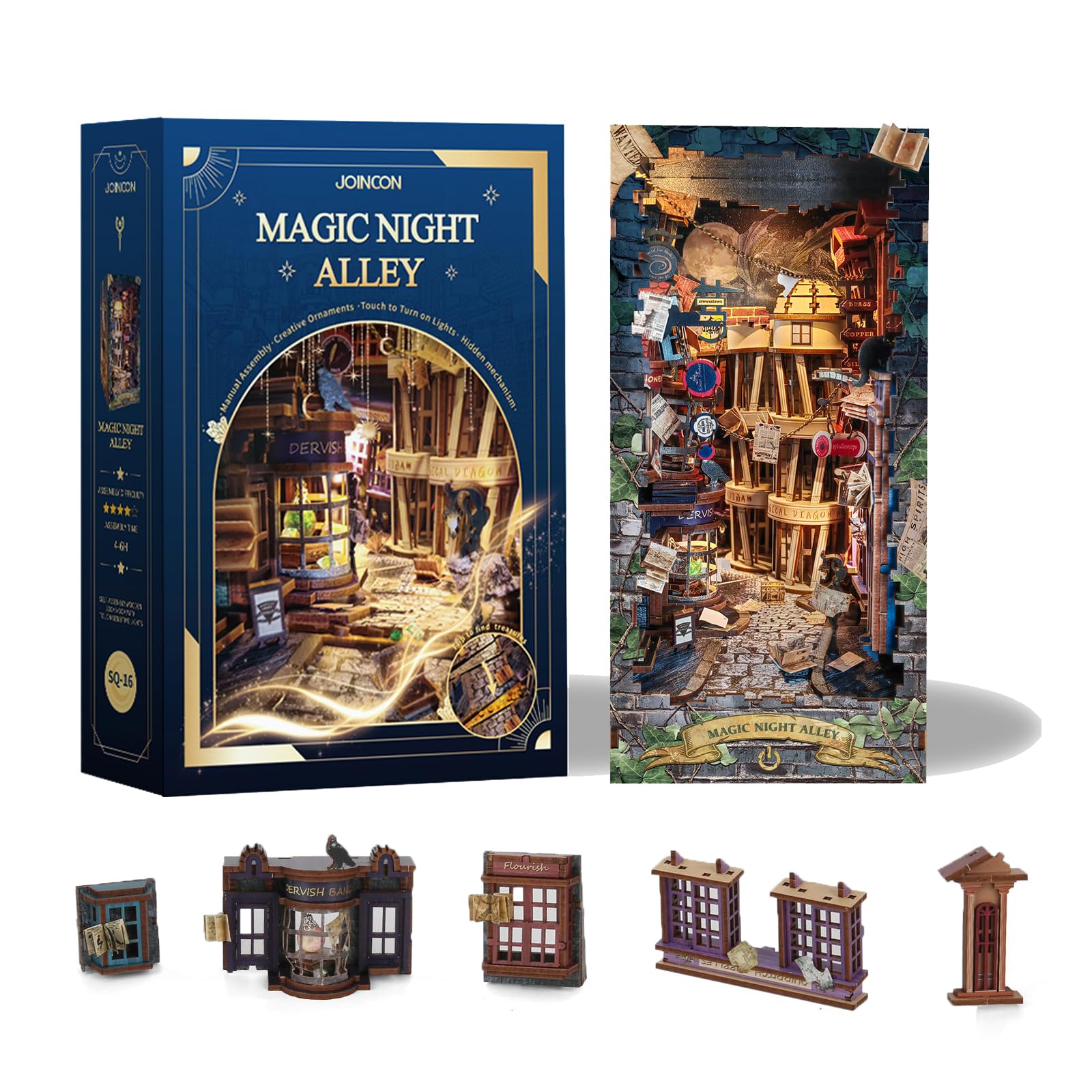 Magic Book Nook Kit 3D Wooden Puzzle Booknook Kit for Adults Decorative Bookend Stand Book Nook Bookshelf Insert Bookcase Toy for Teenagers Gift Model Kits SQ-16 (Magic Night Alley)