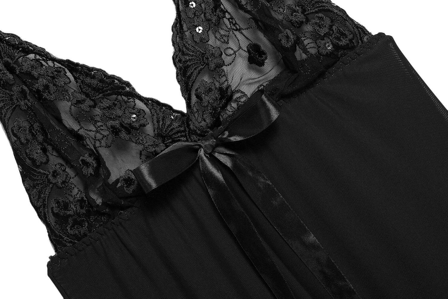 Kecooi Ladies Women Sexy Strap Lace Mesh See-Through Sequin Lingerie Set Babydoll Sleepwear Mini Night Dress + G-String