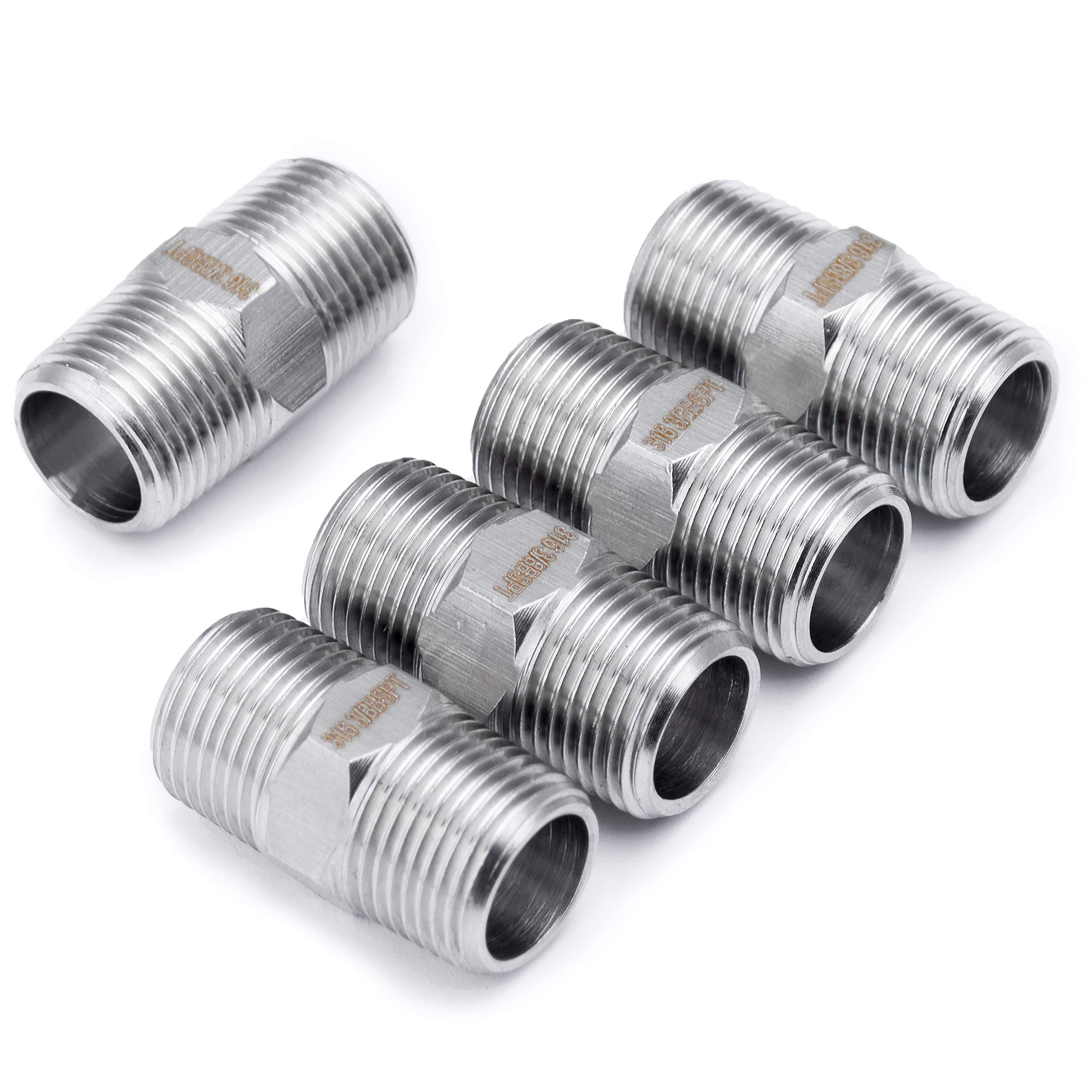 LTWFITTING Stainless Steel 316 Pipe Hex Nipple Fitting 3/8-Inch Male BSPT Air Fuel (Pack of 5)