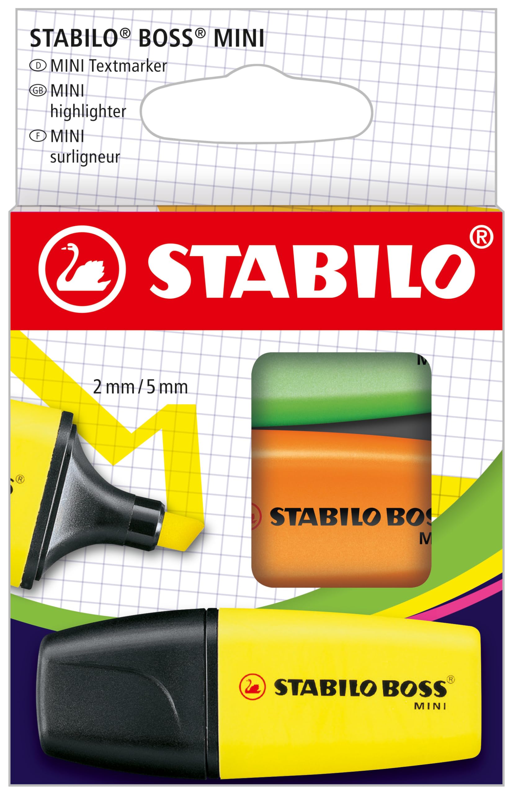 STABILO BOSS MINI - Highlighter - Pack of 3 - Yellow, Orange, Green