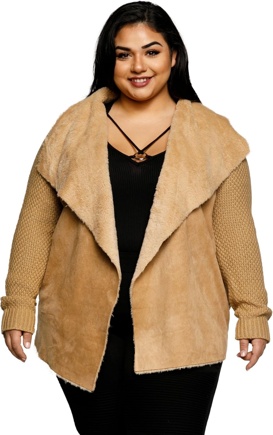 Hadari Women's Plus Size Faux Fur Collar Open Front Cardigan Sweater at 