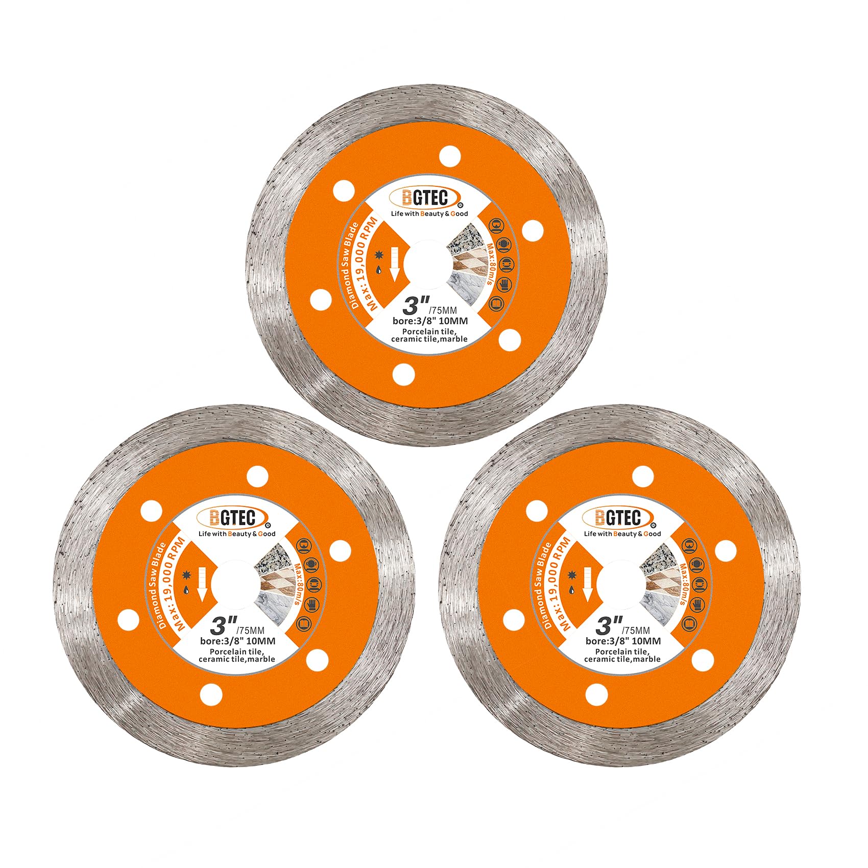 Diamond Circular Cutting Dics - BGTEC 3PCS Ceramic Tile Saw Blade 75 MM with 10 MM Arbor Continuous Toothing for Porcelain Ceramic Granite Marble Tile Granite