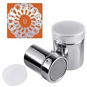 Powder Sugar Shaker with Lid, SOSMAR 2 Sizes 18/8 Stainless Steel Cocoa Cinnamon Mesh Sifter/Sprinkler/Dredgers for Coffee Cappuccino Latte, 16 Pcs Coffee Stencils Template & Clip