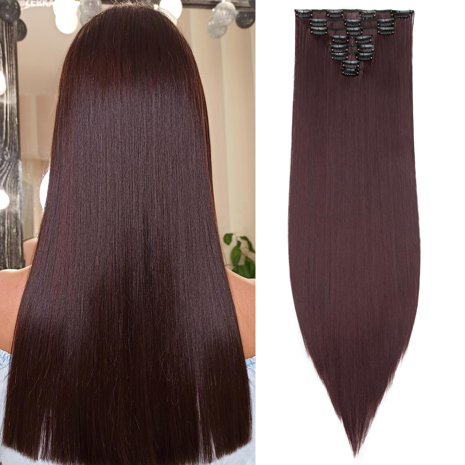 SEGOHAIR Hair Extensions Clip in 8Pcs 18 Clips Synthetic Fiber Seamless 26" Long Straight Full Head - Wine Red — image 1