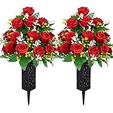 LVXINLI 2 Sets Artificial Cemetery Flowers,Memorial Flowers,Beautiful Arrangements for Headstones,Black Plastic vase with Drainage Hole Long Spikes Outdoor Memorials (red)