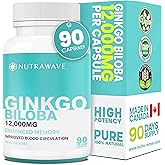 Nutrawave 12,000mg HIGHEST POTENCY Ginkgo Biloba extra strength capsules. Non-GMO, Vegan, Gluten Free. 90 Easy to Swallow 50: