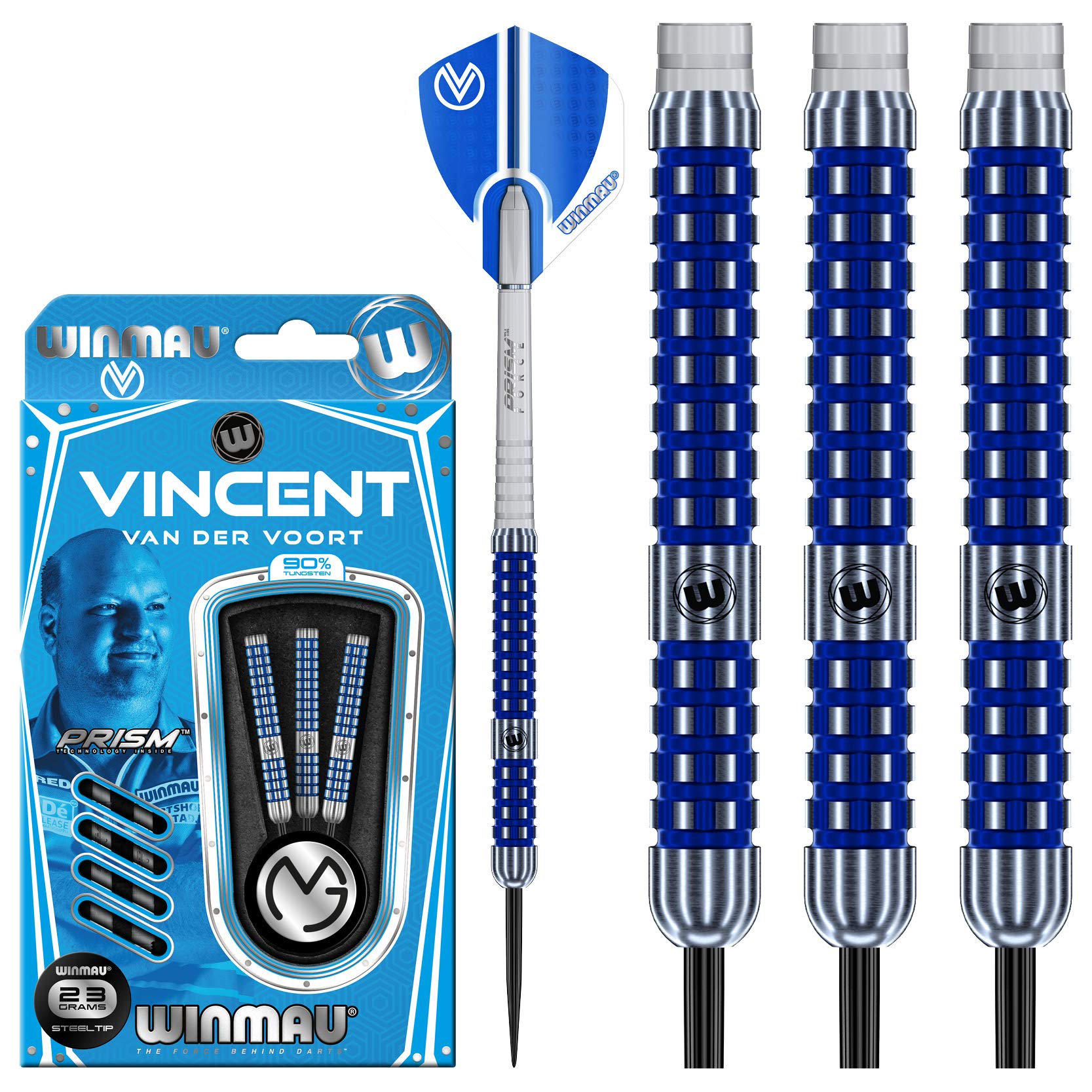 WINMAU Vincent Van Der Voort Tungsten Steeltip Darts Set 23g with Prism Flights and Shafts (Stems)