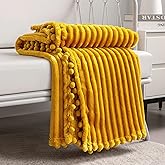 DISSA Fleece Blanket Throw Size – 51x63, Yellow Soft, Plush, Fluffy, Fuzzy, Warm, Cozy Perfect for Couch, Bed, Sofa - with Pompom Fringe Flannel
