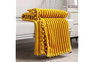 DISSA Fleece Blanket Throw Size – 51x63, Yellow Soft, Plush, Fluffy, Fuzzy, Warm, Cozy Perfect for Couch, Bed, Sofa - with Pompom Fringe Flannel
