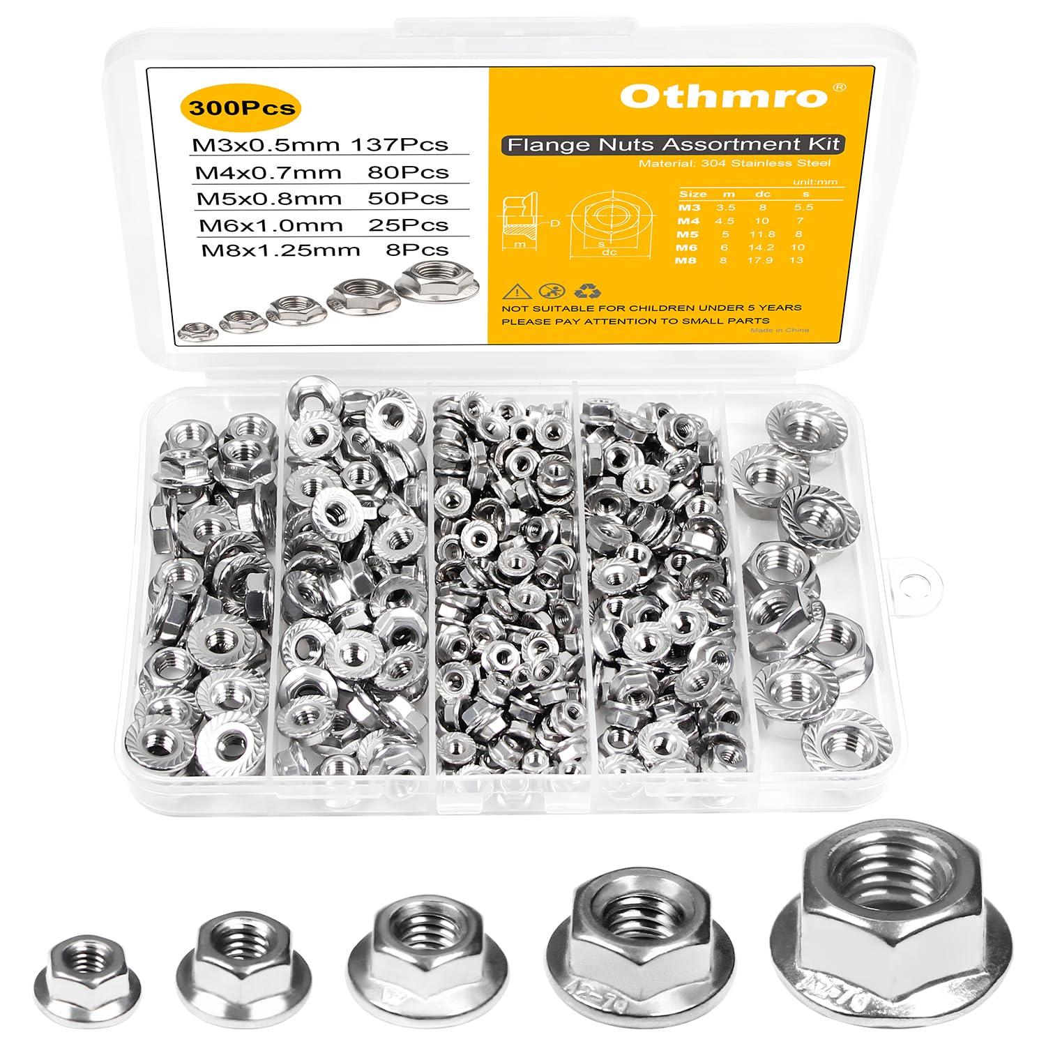 300 Pcs Stainless Steel Serrated Flange Hex Nuts - M3 M4 M5 M6 M8 Lock Nuts, Metric Fully Threaded Replacement Hexagon