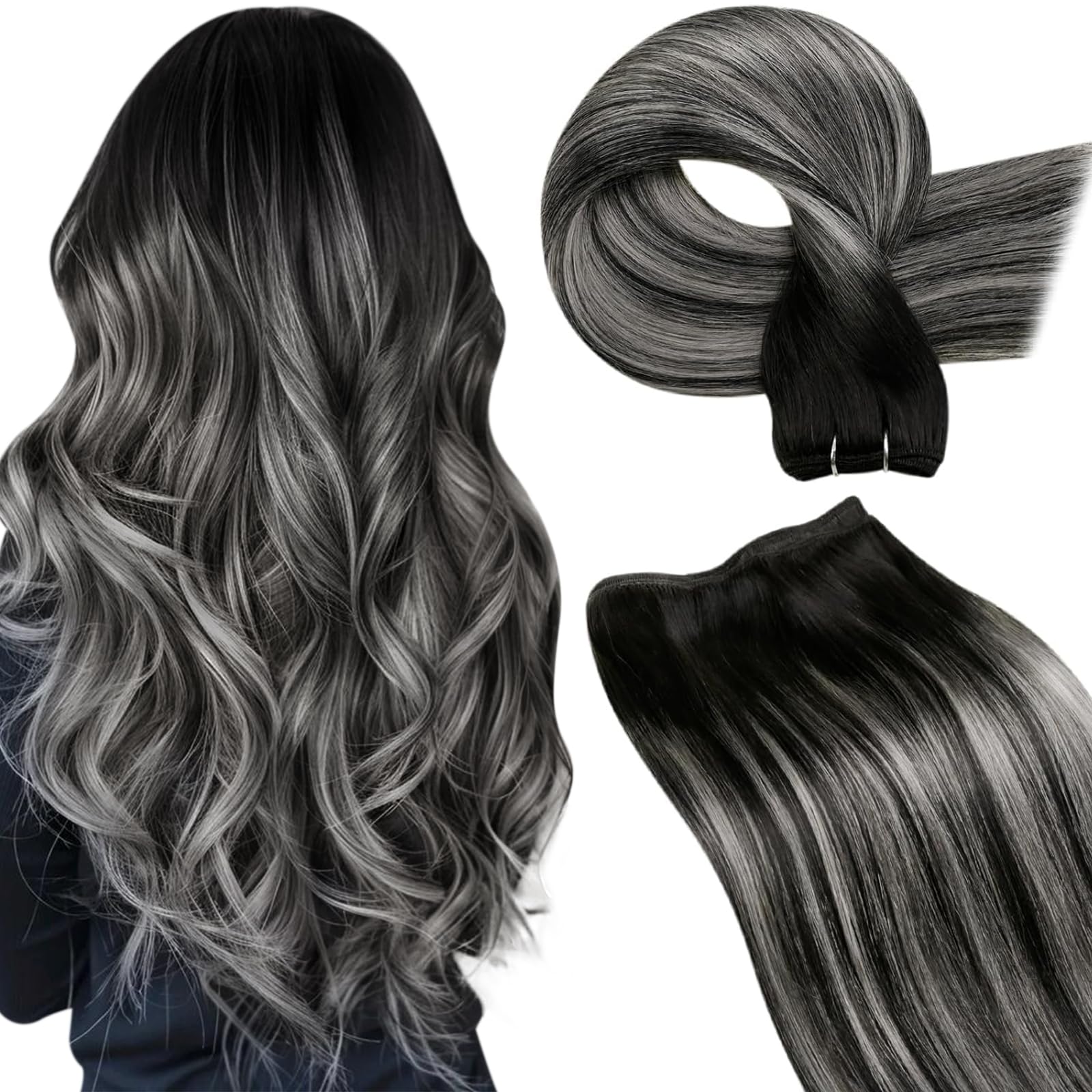 LaaVoo Weft Hair Extensions Real Human Hair Black Sew in Hair Extensions 100g 16 Inch Full Head Straight Balayage Silver Remy Invisible Double Weft Weave #1b/s/1b