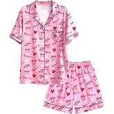 Nidoul Girls Pajamas Satin Pajama Set Silk Pjs Short Sleeve Button Down Summer Bow Sleepwear for Big Kids 7-14Y