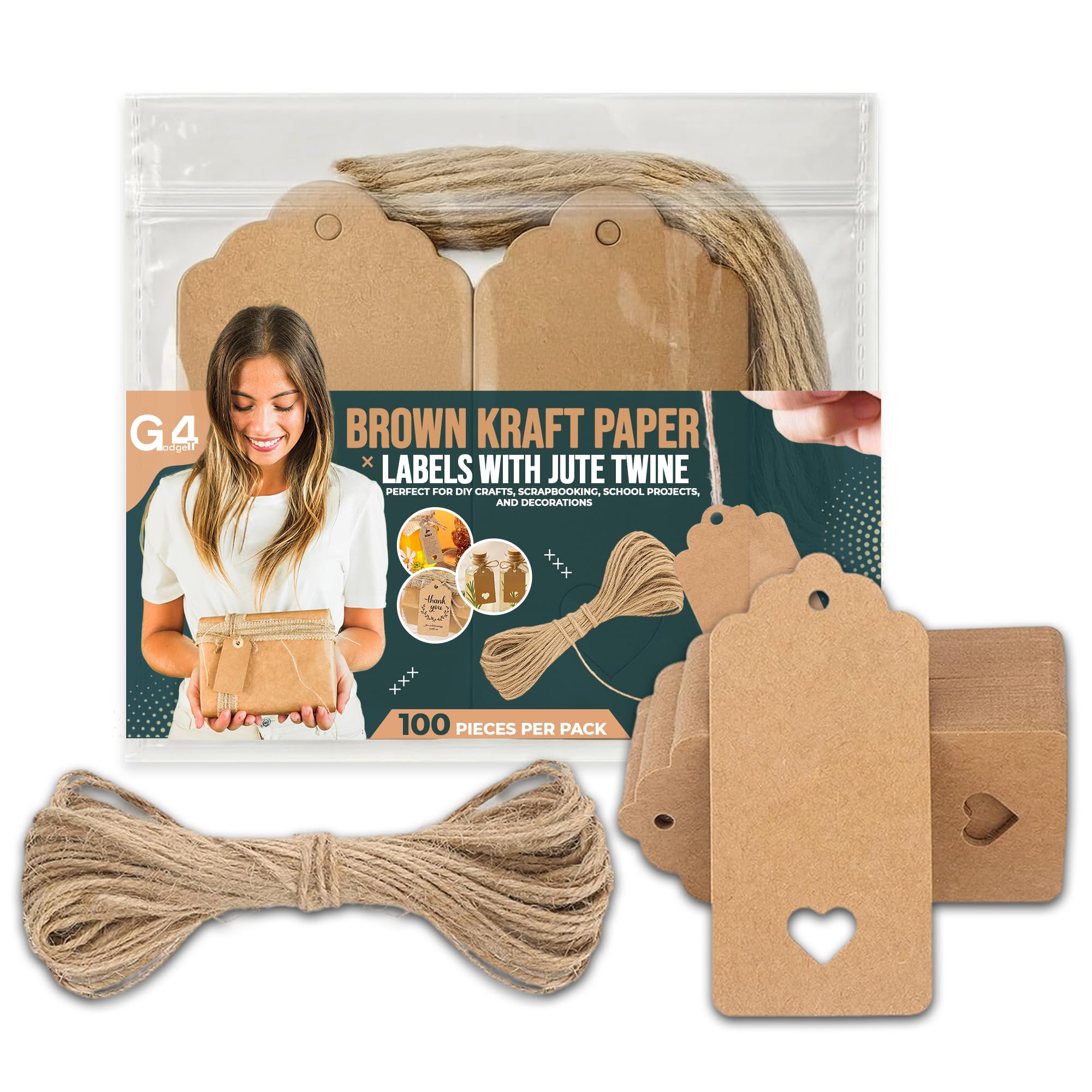 100PCS Brown Kraft Paper Labels with 20m Jute Twine – 9x4cm Blank Hanging Cards for Gifts, Luggage, Pricing, Weddings, DIY Crafts, Scrapbooking, Name Cards, Favour Decorations