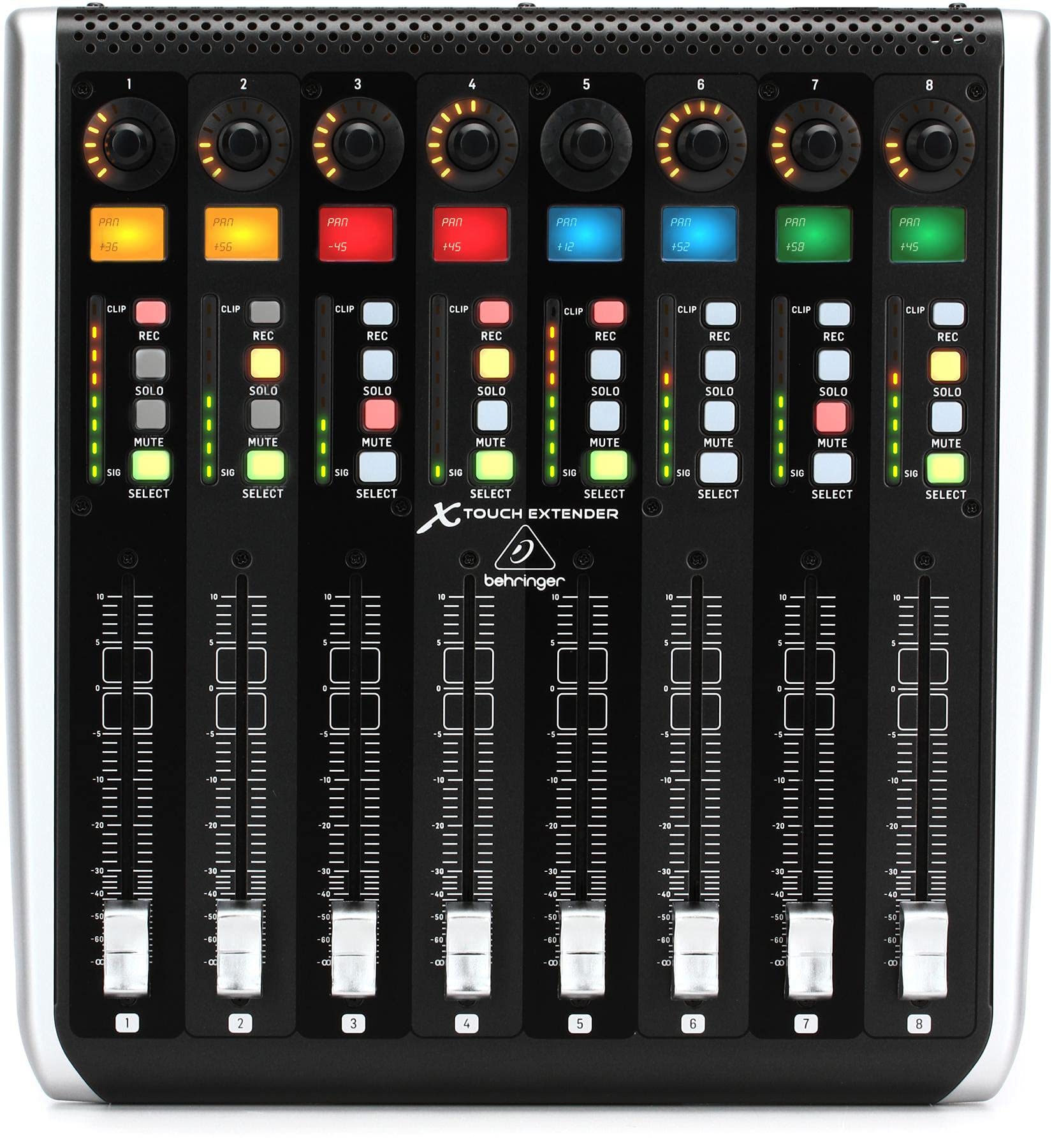 Behringer X-TOUCH EXTENDER X-TOUCH EXTENDER con 8 atenuadores de motor sensibles al tacto, tiras de garabatos LCD, concentrador USB e interfaces Ethernet/USB