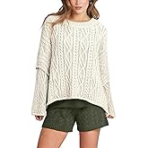 BONVEN Cropped Sweaters for Women Cable Knit Oversized Crewneck Loose Long Sleeve Casual Trendy Pullover Sweater