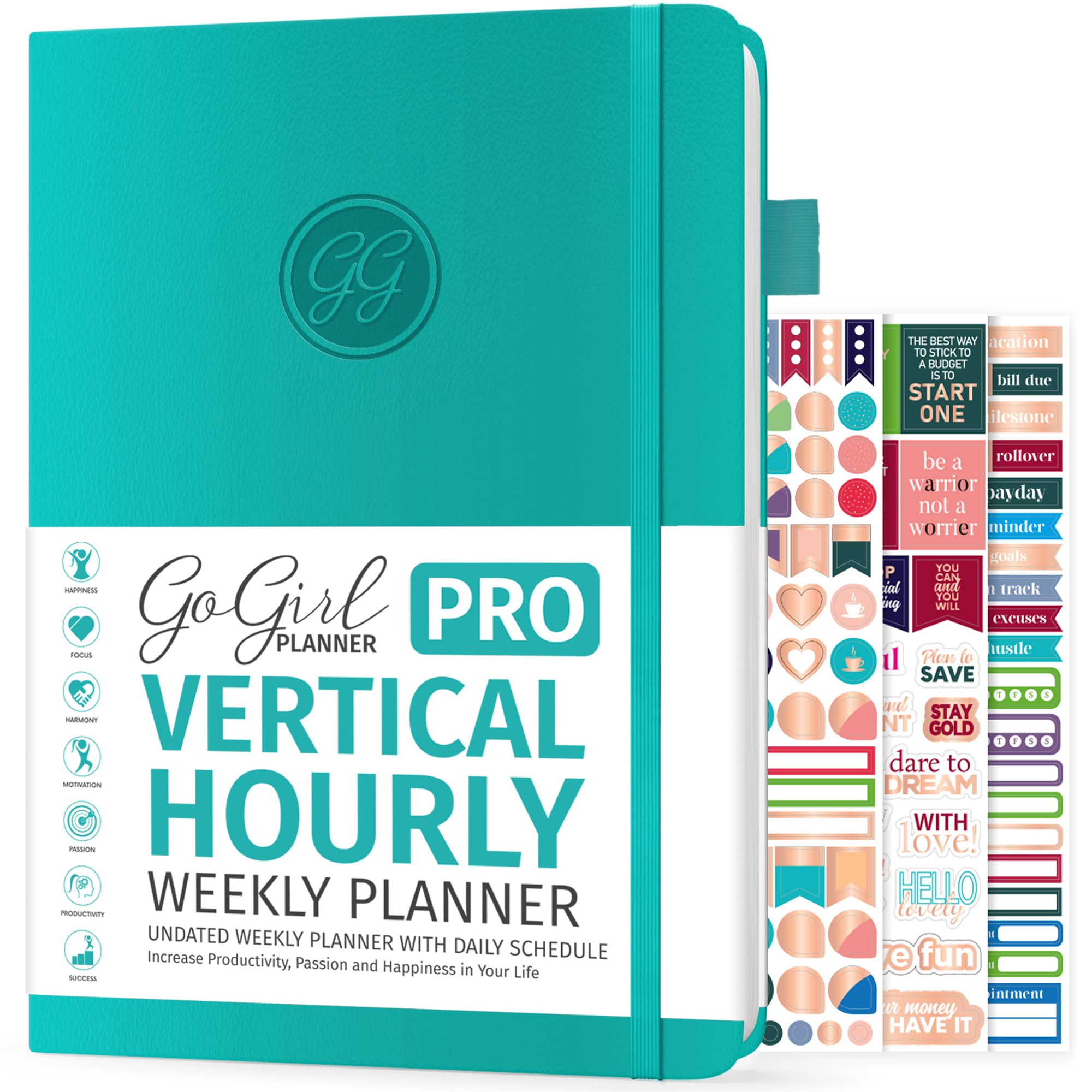 GoGirl Planner PRO Schedule - Undated Planner with Hourly Time Slots, Monthly, Weekly & Daily Organizer, Appointment Book for time Management, 18 x 25.5cm, Hardcover, Lasts 1 Year - Turquoise