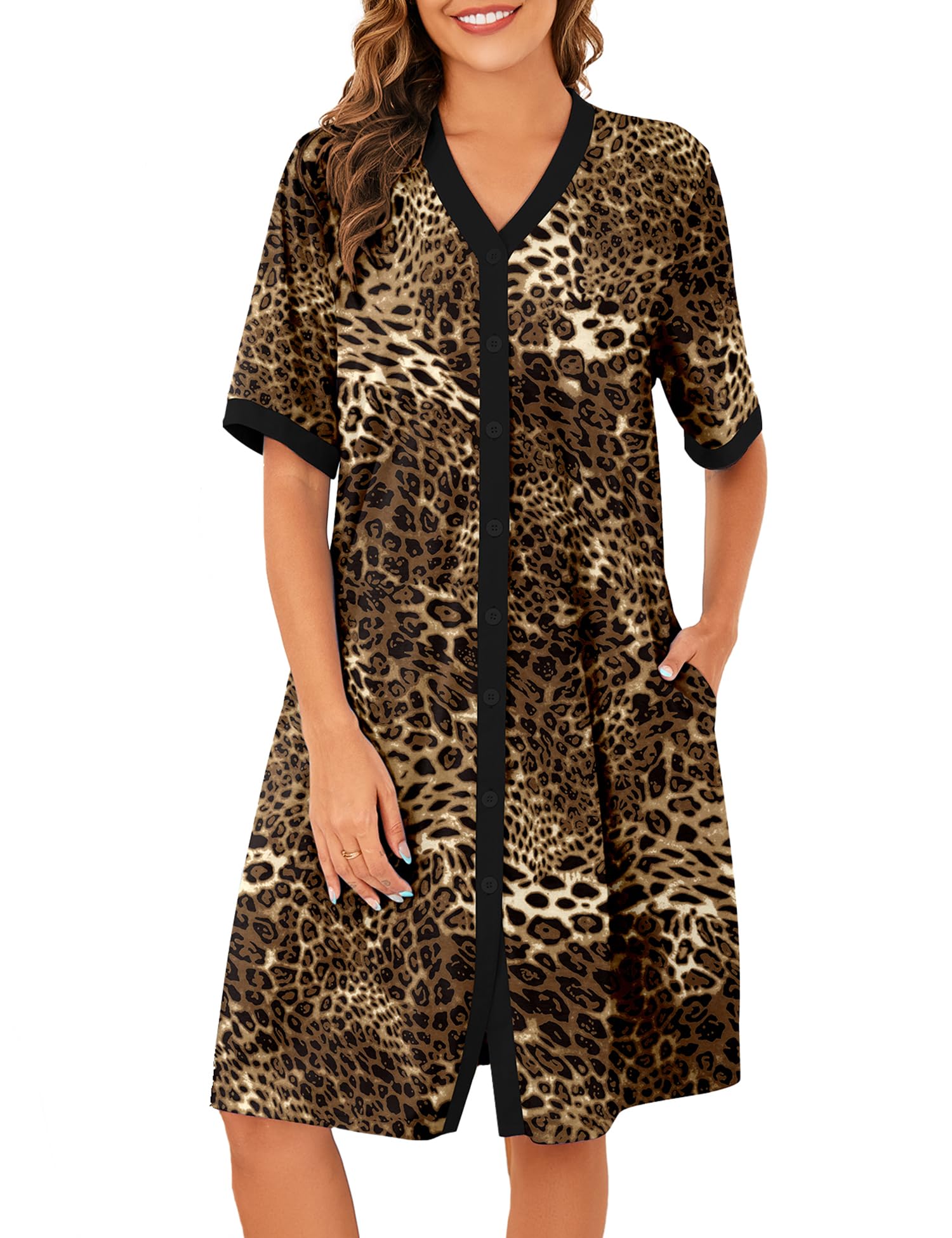 Photo 1 of ** UNKNOWN SIZE*** Bloggerlove Short Sleeve Cotton Nightgowns Button Night Gowns for Adult Women House Coat Lightweight Leopard