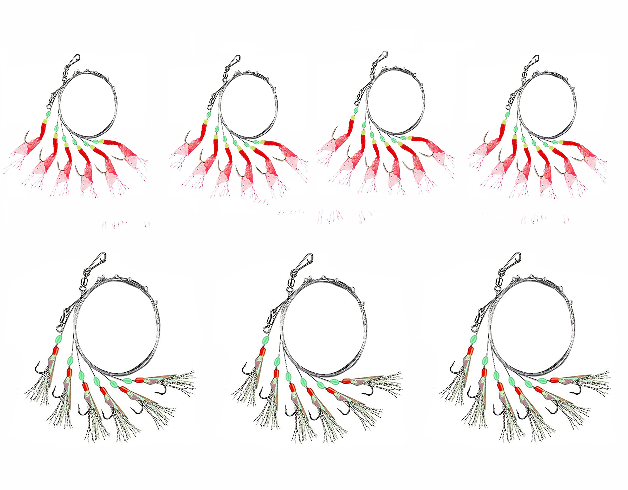 Mackerel feathers, Fishing Feathers Mackerel shiny rainbow Simulation Flying insects with Luminous Beads Glowing Tail Attractor for Mackerel, Herring, fishing lures, 7 Pack/42 Hooks