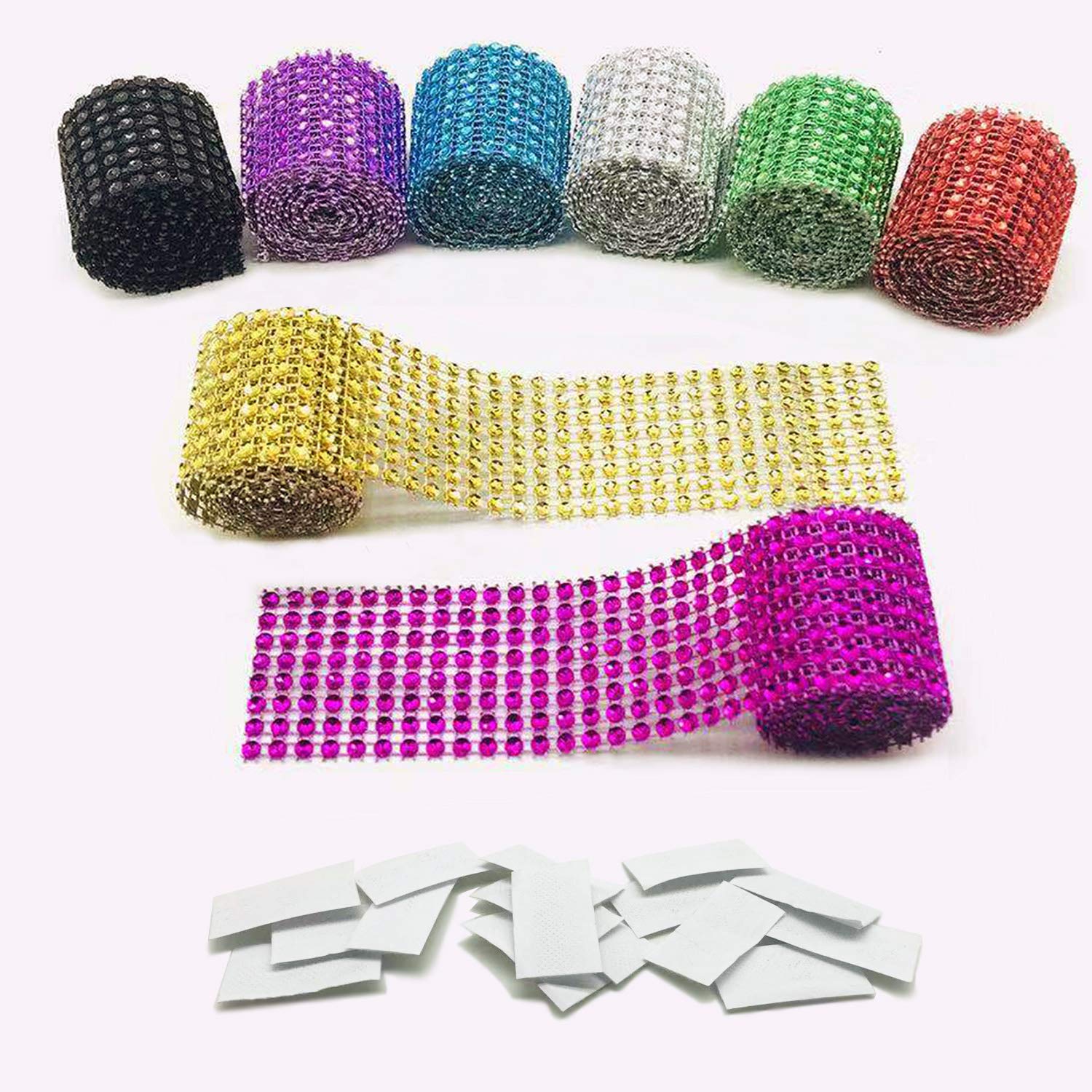 Allazone8 Colors 8 Row 1 M Acrylic Rhinestone Diamond Ribbon with 8 Pairs Self Adhesive Hook and Loop Tape for Wedding Cakes, Birthday Decorations, Baby Shower and Crafts Projects by Allazone