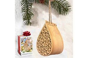 GARDENINGPRODUCTS4LESS Pollinating Palace-Mason Bee House, Natural Hanging Wooden bee House Habitat with Bamboo Tubes for The Garden and Yard