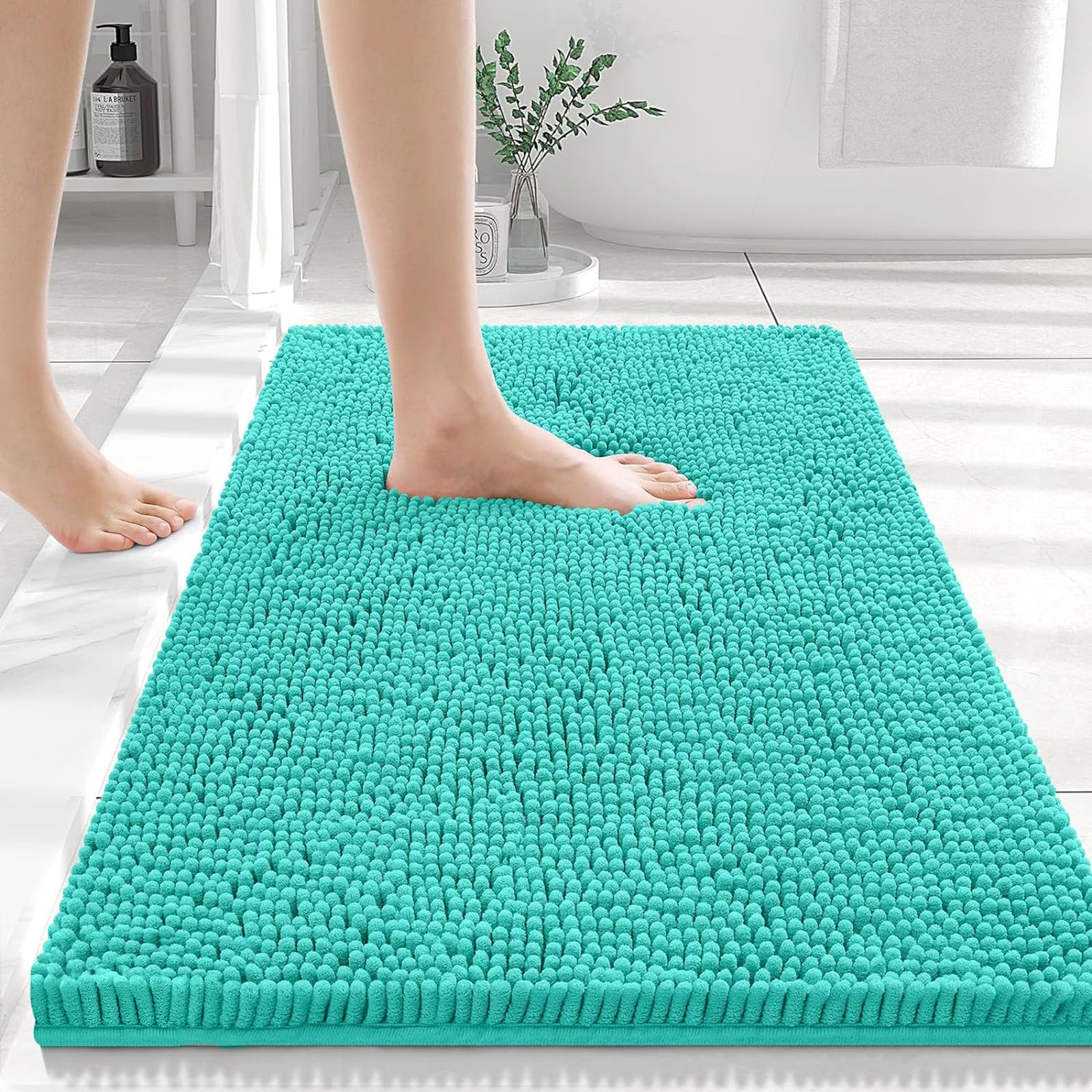 smiry Chenille Bath Mat, 50 x 75 cm, Non-Slip Super Absorbent Bathroom Mat Extra Soft Fluffy Bath Mats for Bathroom Thick Machine Washable Bathroom Floor Mats Rugs, Turquoise