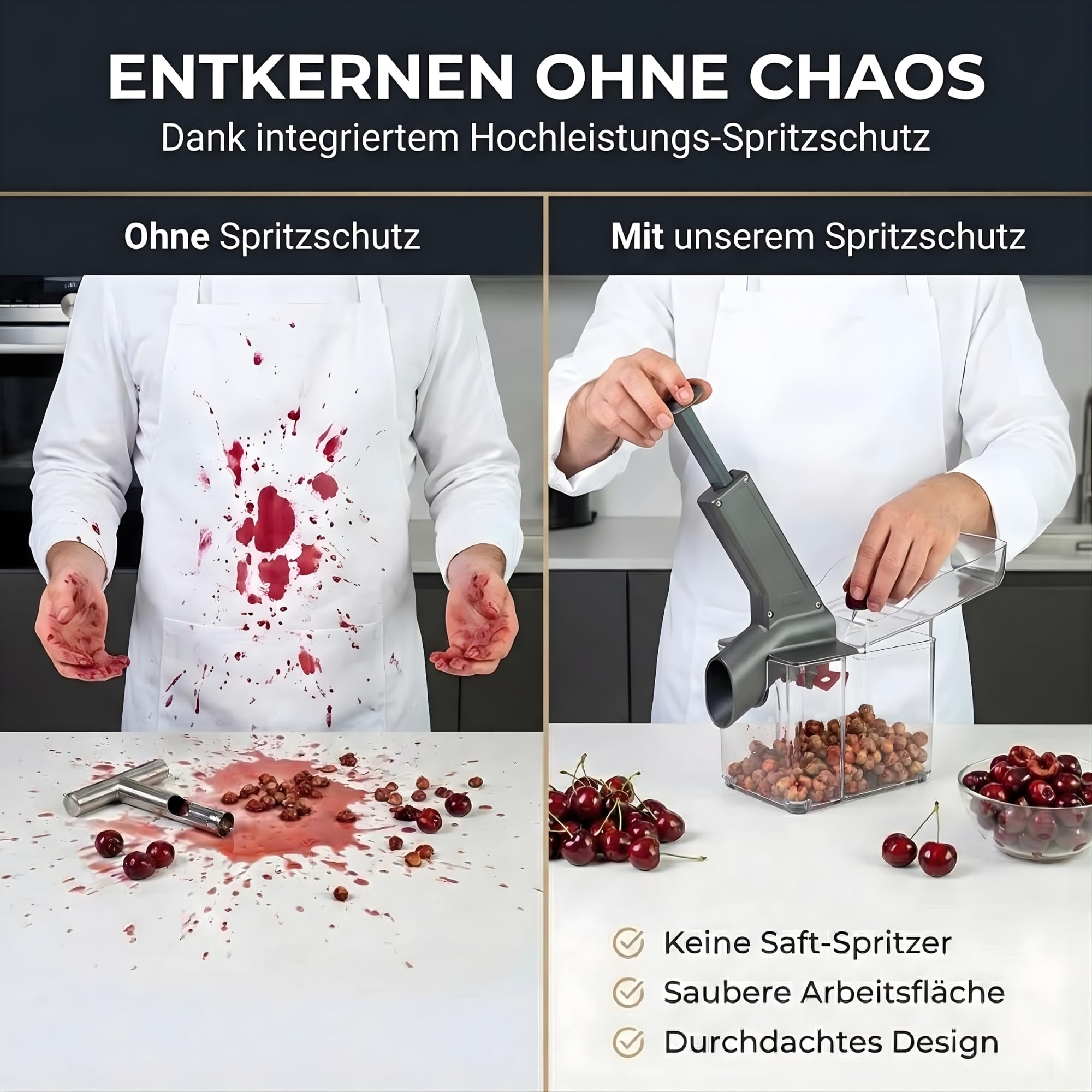 Thiru Premium Kirschentkerner (inkl. Verschleißteil) - hohe Entkernleistung - 100 Tage testen - frische, konservierte, tiefgekühlte Kirschen - mit Spritzschutz - inkl. 25 Rezepte - Made in Germany 2