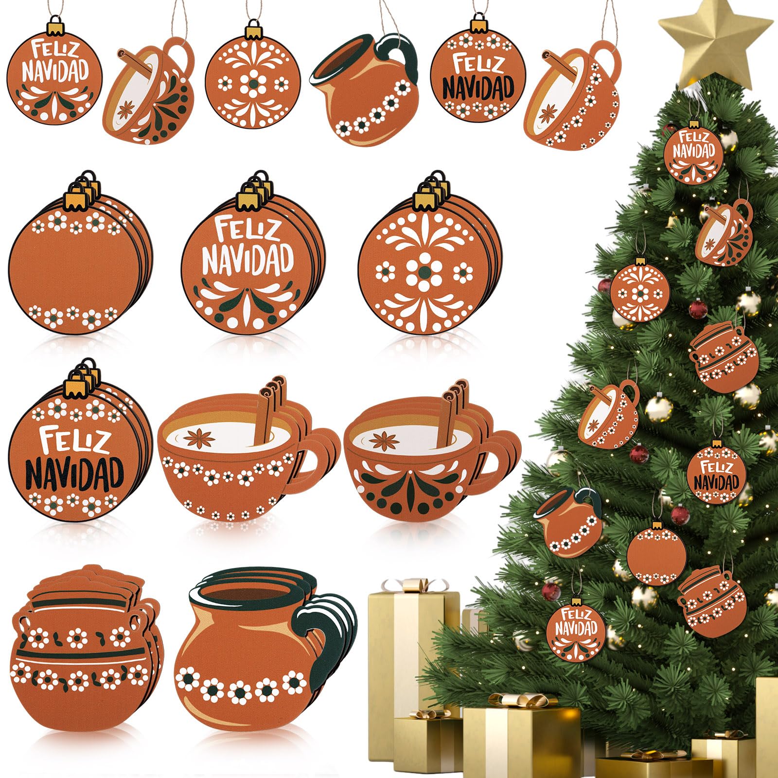 Photo 1 of Soulchen 24 Pcs Christmas Mexican Barro Ornaments Bulk for Christmas Tree Wooden Talavera Party Decor Feliz Navidad De Barro Clay Pottery Hanging Cups for Xmas Tree Fiesta Party, 8 Styles