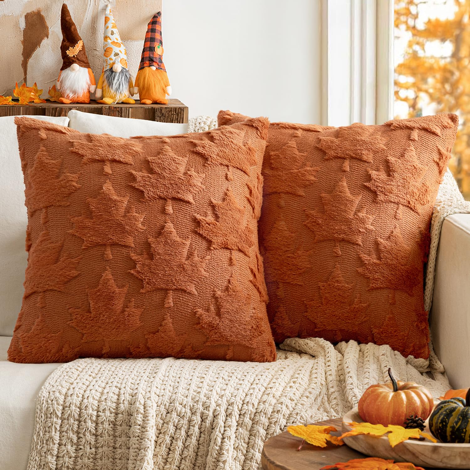 Photo 1 of MIULEE Fall Autumn Throw Pillow Covers 20x20 Rust Set of 2 Thanksgiving Decorative Solid Maple Leaf Pattern Accent Pillow Covers Soft Plush Faux Wool for Home Decor Holiday Outdoor Porch Bedroom