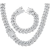 HIPBLING Miami Cuban Link Chain Bracelet Set for Men Rhinestone 2 Pcs Cuban Necklace Bracelet Silver Plated 20mm Iced Out Cuban Chain for Men Women Jewelry Set Gift