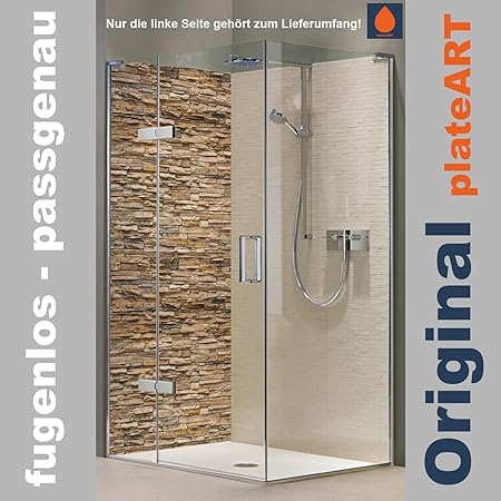 ORIGINAL plateART Rückwand Dusche Alu OHNE FUGEN, Eck-Duschrückwand Fliesenspiegel Fliesenersatz, Steinverblender-Motiv Sands