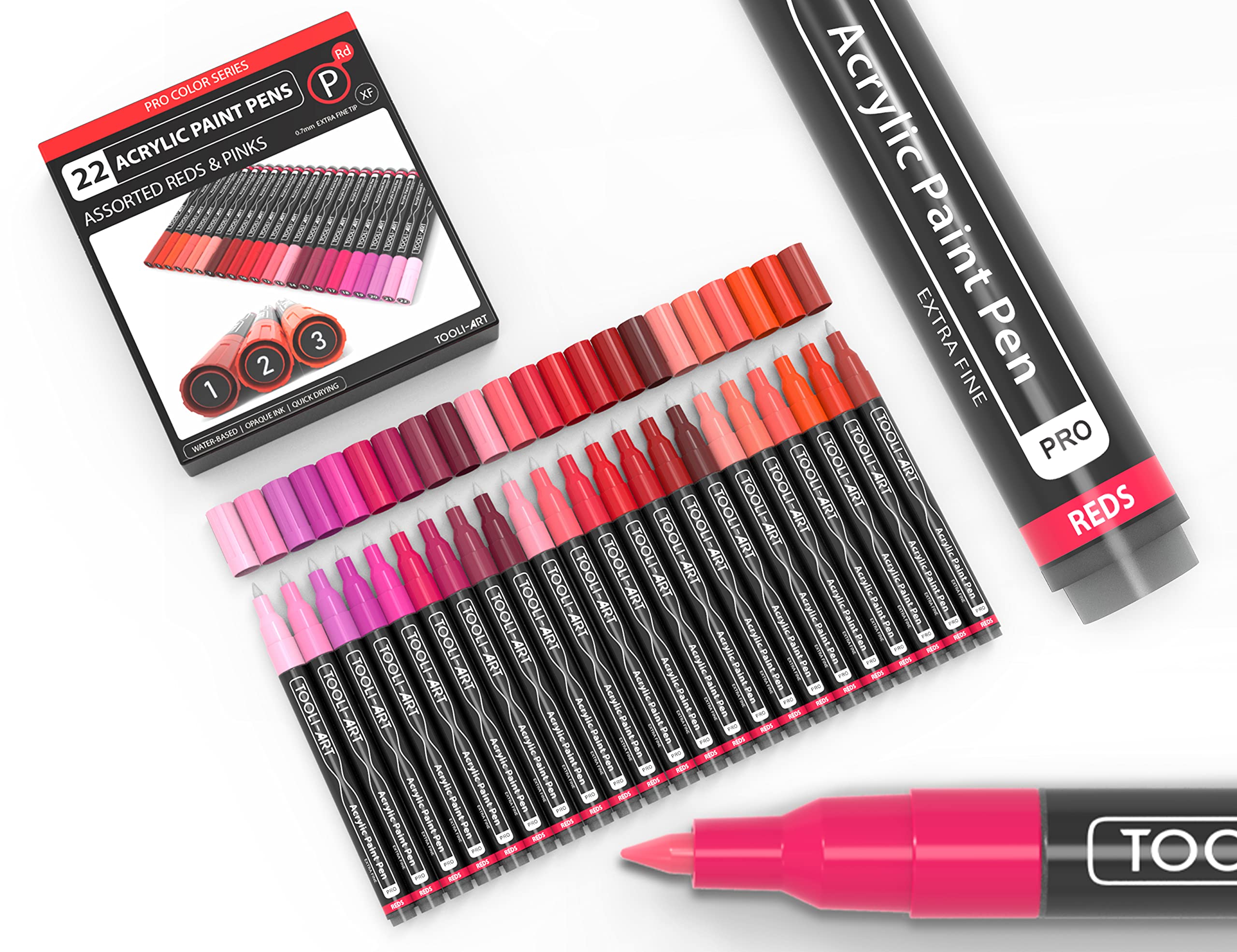 22 Red and Pink Acrylic Paint Pens Marker Pro Color Series 0.7mm Extra Fine Tip for Rock Painting, Glass, Cups, Wood, Metal, Canvas, DIY Projects, Non-Toxic, Water Based, Quick Drying
