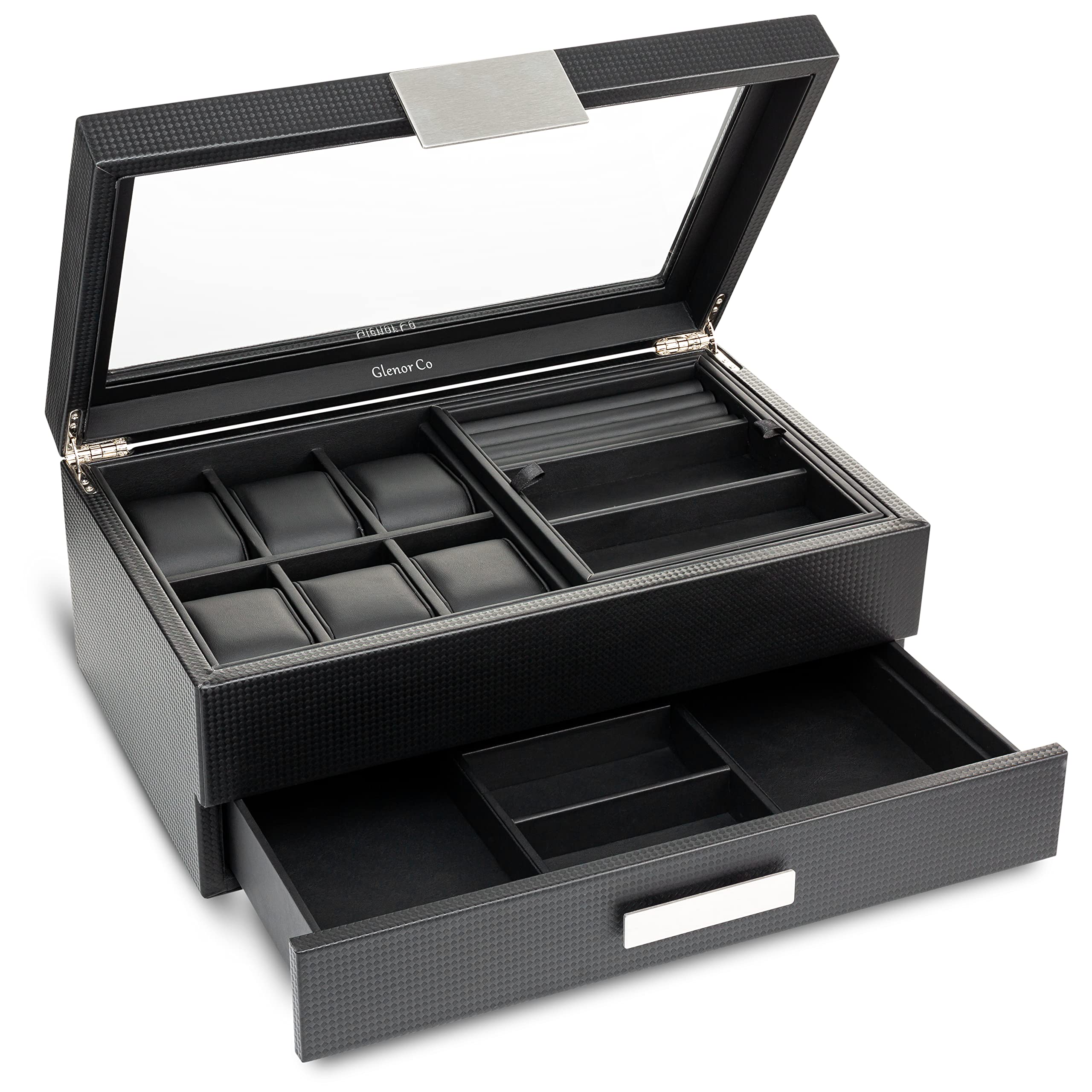 Glenor Co Valet Jewelry Box for Men - Holds 6 Watches, 12 cufflinks, 2 Sunglasses, Drawer & Tray Storage - Watch Case - Carbon Fiber design Organizer w Metal Accents & Large Glass Lid - Black