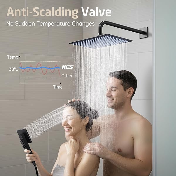 KES BLACK BATHTUB SHOWER FAUCET SET WITH 12″ RECTANGLE RAIN SHOWER HEAD, SHOWER SYSTEM WITH 3-MODES HANDHELD SPRAY AND WATERFALL TUB SPOUT, CUPC ANTI-SCALD VALVE INCLUDED, XB6336S12-BK
