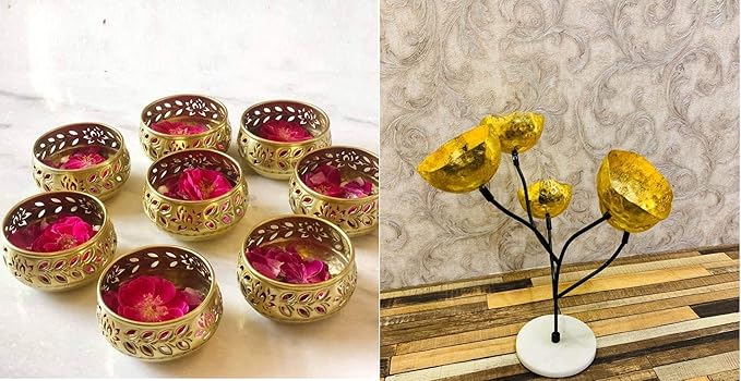 Wood Shop Combo of Brass Handcrafted Golden Diya 1pc + 1 pc Metal Tea Light Candle Holder Designer Candle Holder Stand/Table Decorative Candle Holders, Diwali Tea Light for Home Living Room & Office