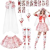 Beipegin Zombie Bride Costume Woman,Bloody Tutu Skirt Zombie Bride Veil Thigh High Socks Earings Halloween Bloody Bride Costume Scary Dead Bride Dress up Cosplay White