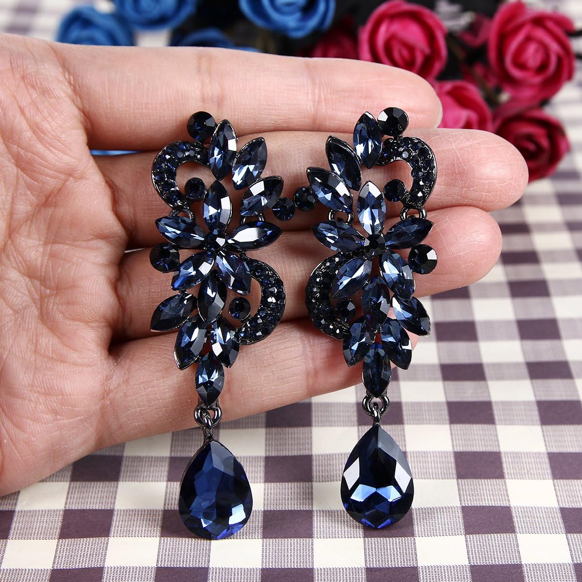 Clearine Women's Bohemian Boho Crystal Flower Wedding Bridal Chandelier Teardrop Bling Long Dangle Earrings Blue Black-Tone - Image 4