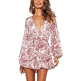 Relipop Womens Floral Print Romper V Neck Long Sleeve Double Layer Ruffle Hem Shorts Jumpsuit 2026 Beach Vacation Outfits