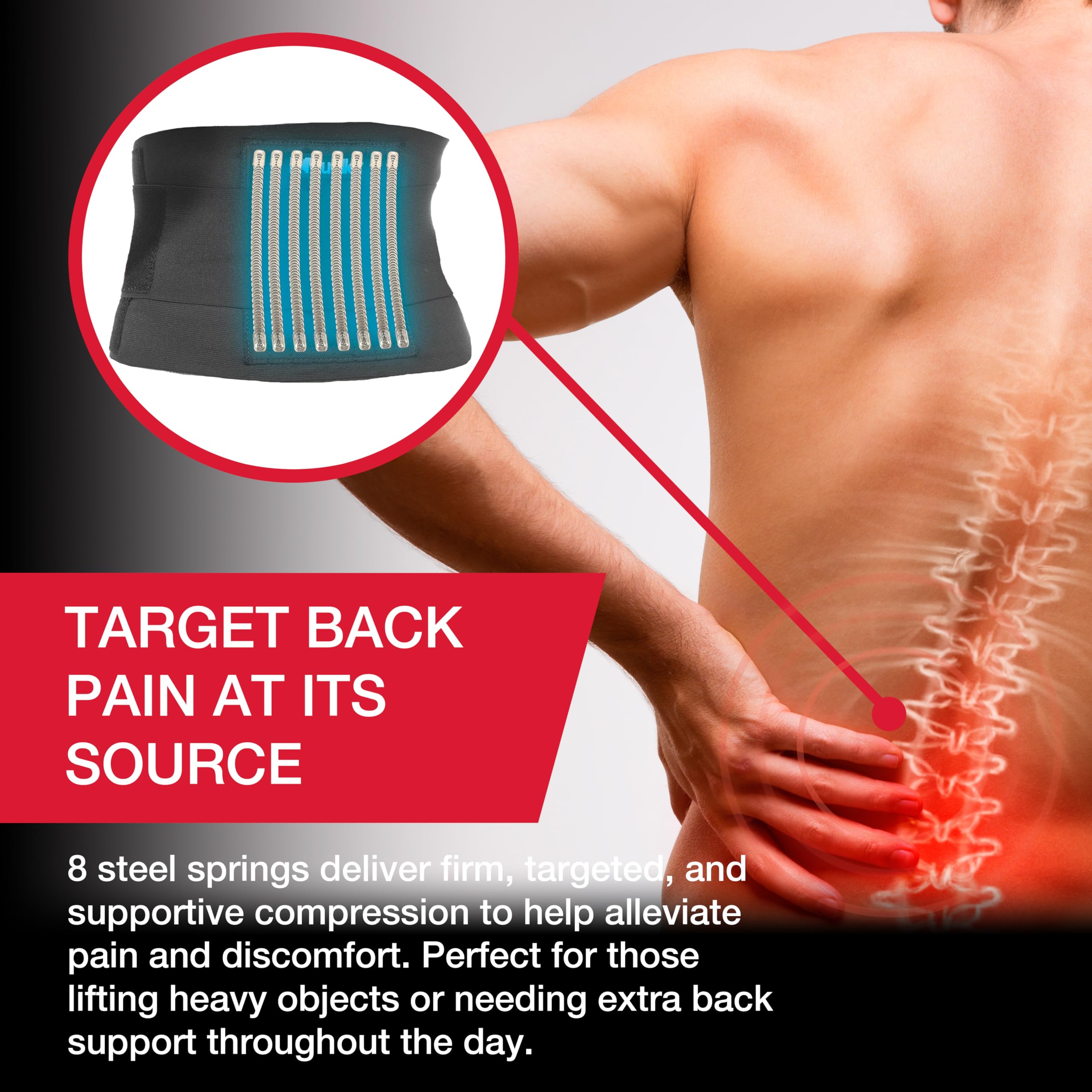 MUELLER Sports Medicine Adjustable Back Brace, Ideal for Upper and Lower Back Pain, Relief & Support for Men and Women, Strains, Sciatica, Scoliosis, Black