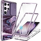 GVIEWIN for Samsung Galaxy S23 Ultra Case with Slide Camera Cover, [Built-in Screen Protector] [2 Front Frames] Military Grade Shockproof Marble Phone Case Fit S23 Ultra 6.8", Quicksand/Purple