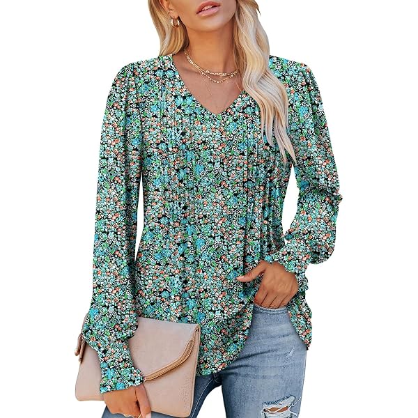 Yihaojia Women's Boho Floral Print V-Neck Long Sleeve Tunic - Plus Size Casual Top For Fall/Winter, Rayon Spandex Blend - View #10