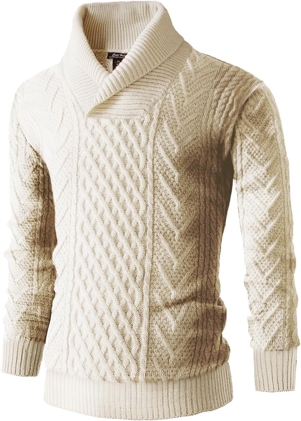 CALI HOLI Mens Cable Knit Shawl Collar Pullover Sweater Creamy White