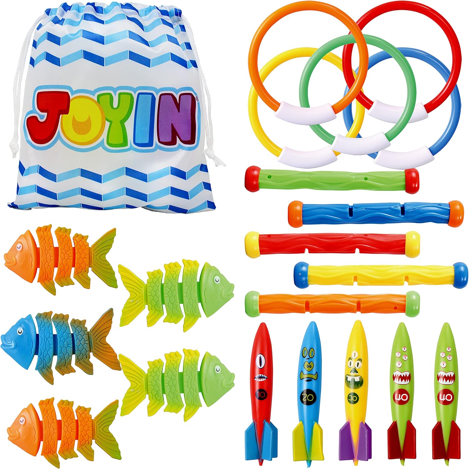 JOYIN 20 Pcs Diving Pool Toys Set with Bonus Storage Bag Includes 5 Diving Sticks, 5 Diving Rings, 5 Toypedo Bandits, 5 Diving Fish Toys, Underwater Sinking Swimming Pool Toy for Kids: Toys & Games