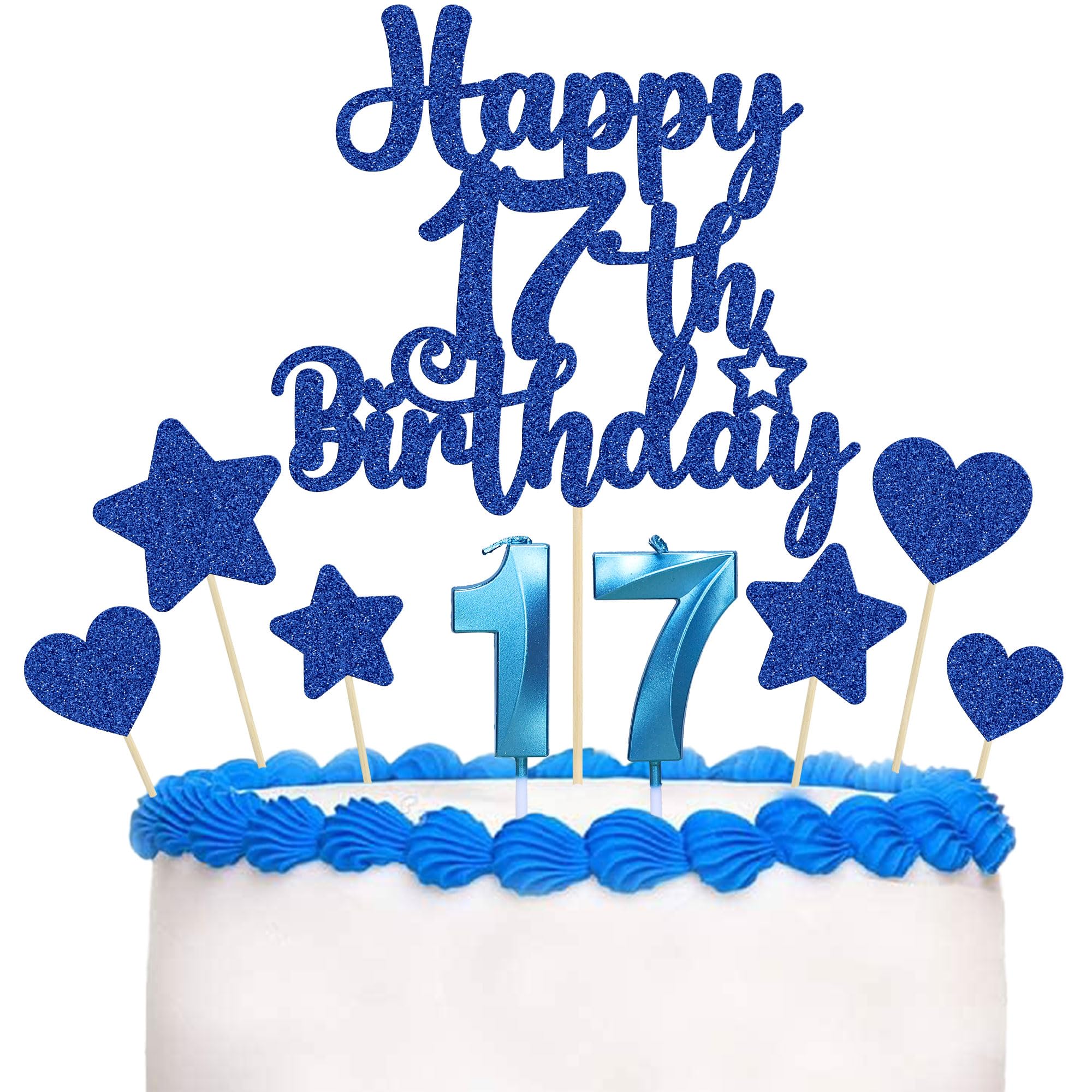 Gyufise 15Pcs Happy 17th Birthday Cake Topper Set with Heart Star Glitter Cheers to 17 Years Cake Picks Number 17 Candles Cake Decorations for Happy 17th Birthday Anniversary Party Supplies Blue — image 1