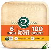 ECO SOUL 6 Inch Disposable Palm Leaf Plates [100 Pack] Premium Food-Safe Heavy Duty Compostable Bamboo Paper Plates for Dessert, Dinner, Appetizers, Weddings, Party, Camping & Catering Events [Square]