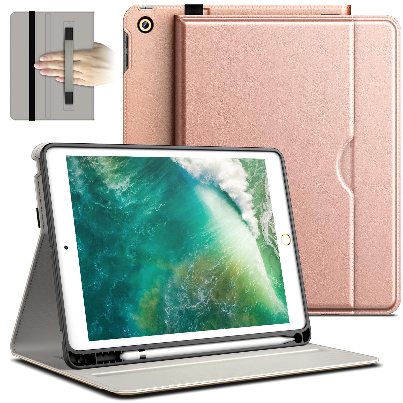 JETech Case for iPad 6/5 (9.7-Inch, 2018/2017 Model, 6th/5th Generation), PU Leather Business Folio Protective Tablet Cover with Pencil Holder & Pocket, Multi-Angle Viewing (Rose Gold)