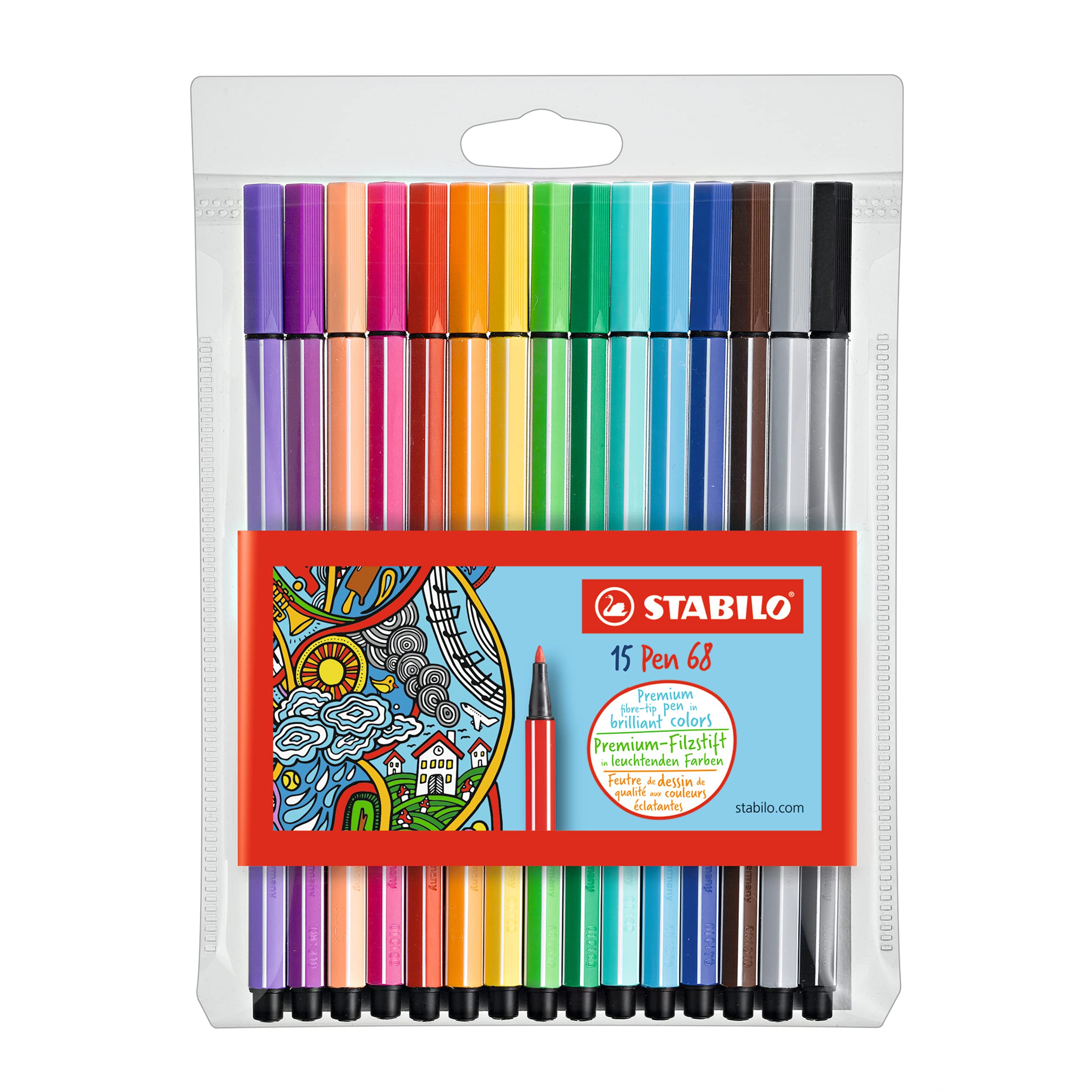 STABILO Premium Fibre-Tip Pen Pen 68 - Pack of 15 - Assorted Colours