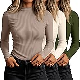 Huukeay 3 Pack Women's Ribbed Mock Turtleneck Shirts Cotton Long Sleeve Tops Lettuce Trim Slim Fit Soft Tees for Layering