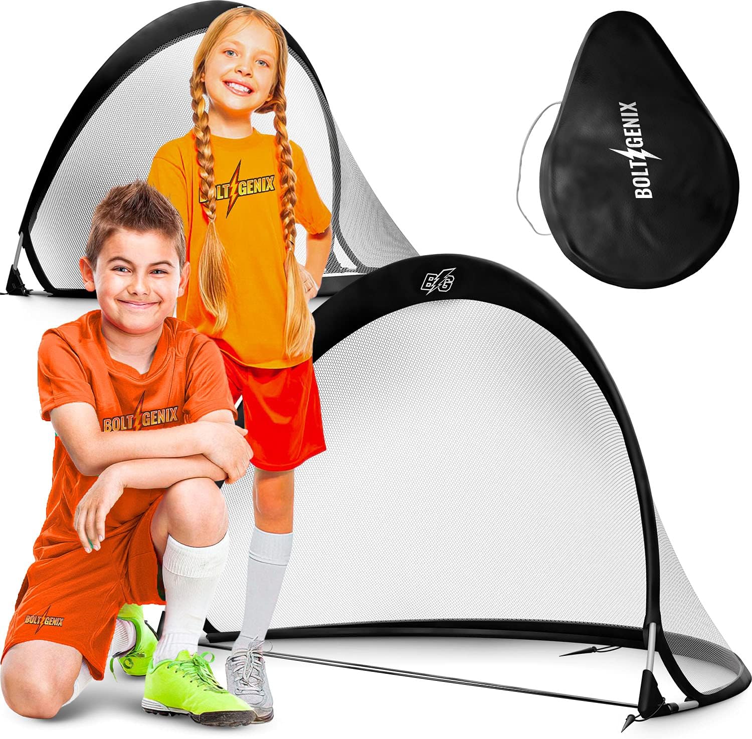 Bolt Genix Small Portable Soccer Goals - Pop Up Goals Set of 2 | Made for Toddlers, Teenagers and Pros | Works on Concrete, Carpet, Grass, Sand, and Turf | All Weather Durability - Easily Pack and Store : Sports & Outdoors