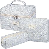 senbowe Floral Makeup Bag, 3 Pack Large Cotton Quilted Makeup Bag Set, Cute Floral Coquette Aesthetic Toiletry Bag Make Up Cosmetic Bag for Women, Toiletry Travel Make Up Organizer Bag