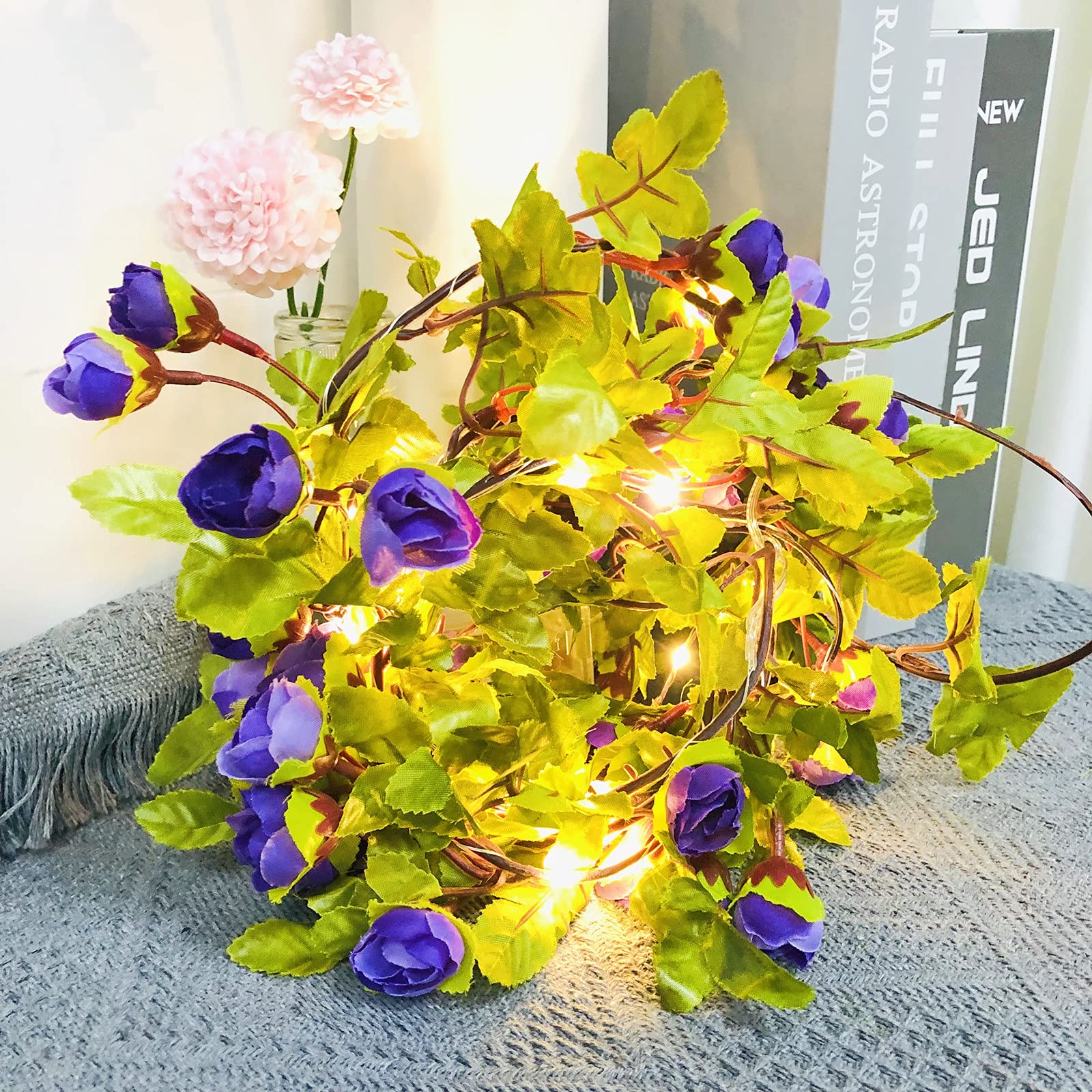 20 LED Rose Flower Leaf Garland String Lights Battery Operated Romantic Fairy Lights for Valentine's Day, Wedding, Birthday Indoor Outdoor Decorations (Purple, 2.3m/20led)